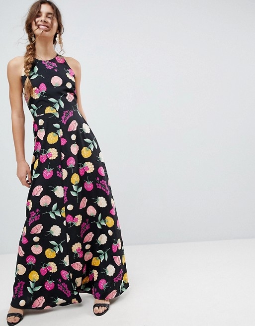 Open Back Halter Maxi Dress In Fruit Print